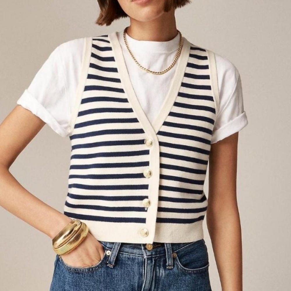 J. Crew Emilie Sweater Vest Striped Knit Cream Navy Gold Buttons Preppy XL NWT